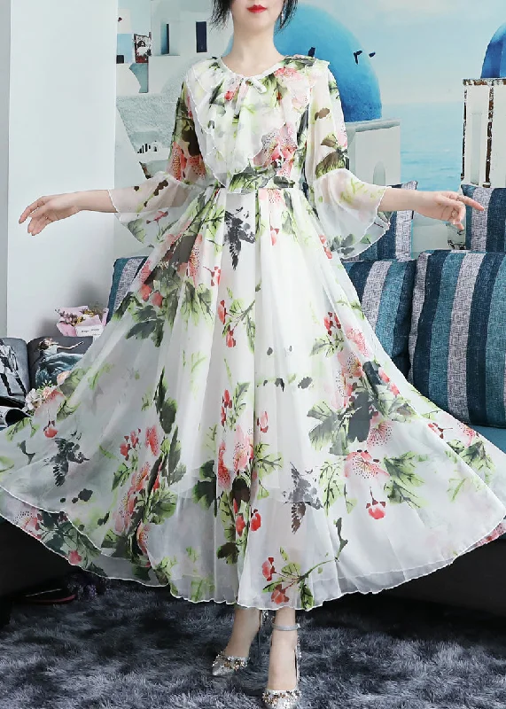 Chic White O-Neck Bow Print Ruffled Chiffon Long Beach Dresses Long Sleeve LY1773 Zara floral dresses